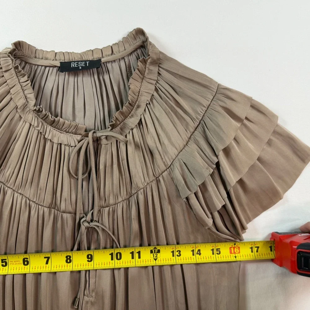 RESET Pleated Tiered Maxi Dress Medium Taupe Mushroom Satin‎ Flutter Sleeve Boho